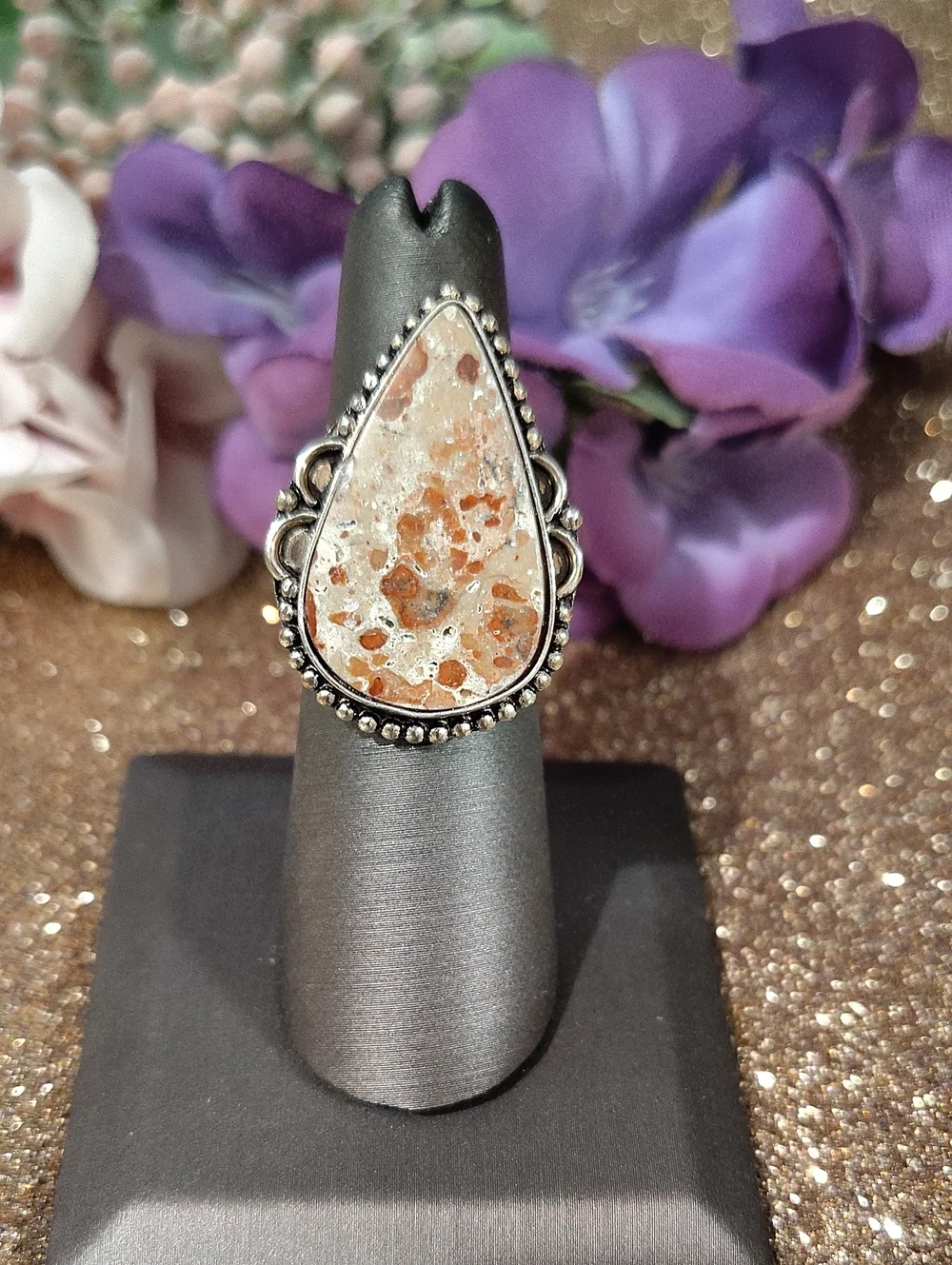 Rhyolite Teardrop Silver Ring - Size 7 1/2